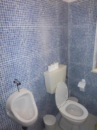 a blue tiled bathroom with a toilet and a sink at Casa de Hóspedes Celeste by Portugalferias in Odeceixe