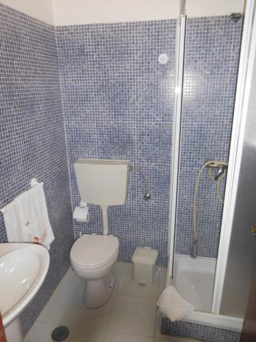 a blue tiled bathroom with a toilet and a shower at Casa de Hóspedes Celeste by Portugalferias in Odeceixe
