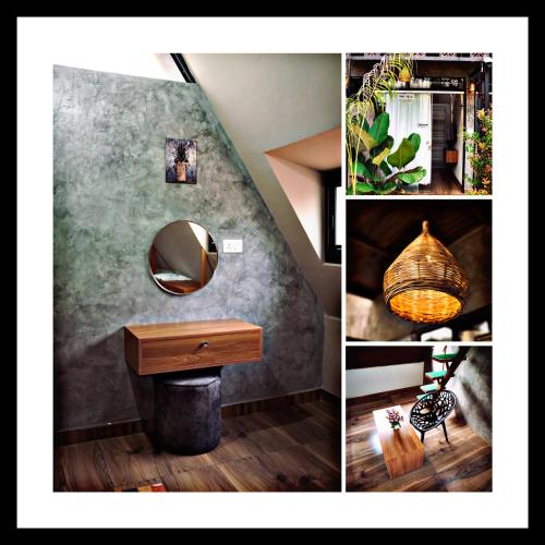 a collage of pictures of a room with a table and a mirror at The Western Inn in Mananthavady