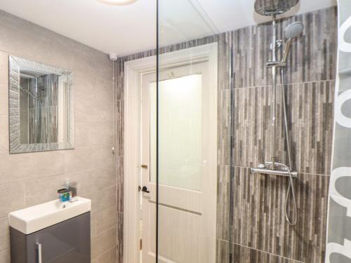a bathroom with a shower and a toilet and a sink at Ty Bryn in Marazion