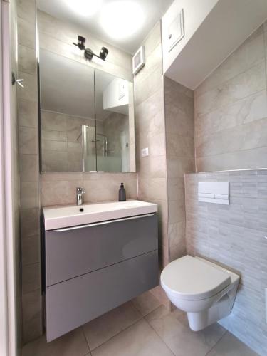 a bathroom with a sink and a toilet and a mirror at Inima Iasului - Central View Apartment in Iaşi