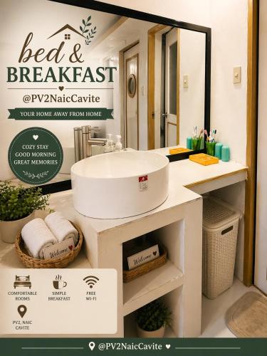 a advertisement for a bed and breakfast bathroom with a sink at Bed and Breakfast at PV2NaicCavite in Naic