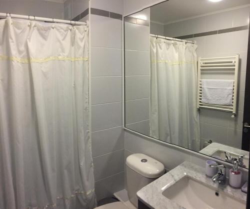 y baño con cortina de ducha, aseo y lavamanos. en Departamento Costa Pucón 403, en Pucón