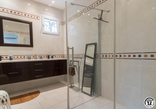 a bathroom with a shower and a sink and a mirror at Villa les paradoux in Pin-Balma