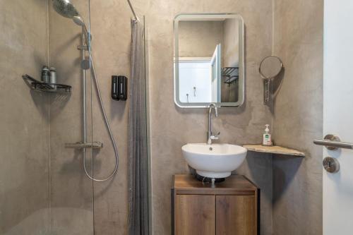 a bathroom with a sink and a shower at Pilali Apartments Greece in Agia Effimia