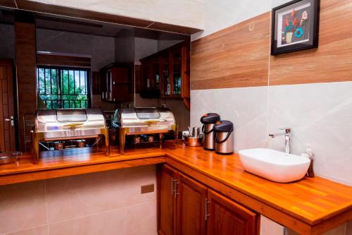 a kitchen with a counter with a sink and two toasters at Fortis Hill Hotel in Arusha