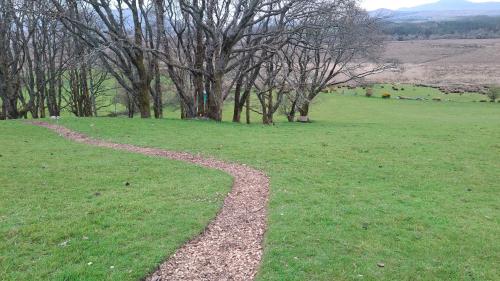 a rock path in a field with trees at Wooly Huts Grey in Westport