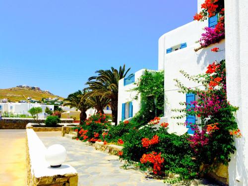 a garden of flowers in front of a white building at Cyclades Blue in Ornos
