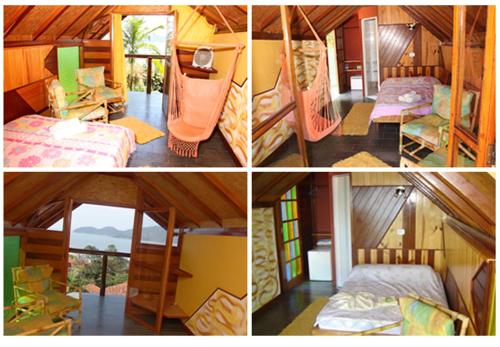 un collage di quattro immagini di una camera con letti di Waldhaus - A Pousada do Remo a Peruíbe