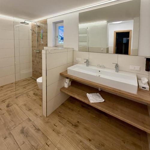 a bathroom with a sink and a toilet and a mirror at Ferienhaus Christine Bauer in Hintergöriach