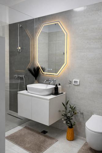 a bathroom with a sink and a mirror at Herastrau Prestige Apartment WIN in Bucharest