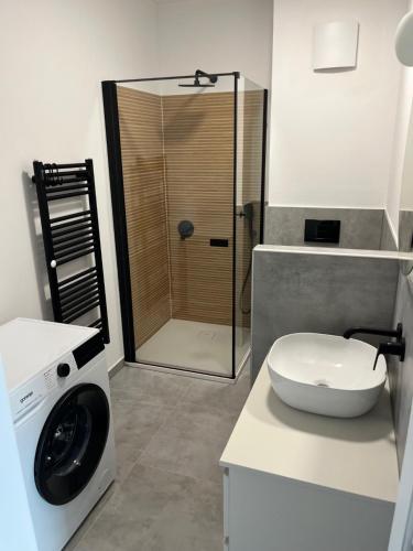 a bathroom with a shower and a washing machine at TB7 Sg in Slovenj Gradec