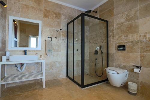 a bathroom with a shower and a toilet and a sink at Villa Alis stunning sea view with Infinity Pool in Kaş