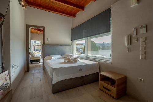 a bedroom with a bed and a large window at SENSEs VILLA SPA in Aghia Marina