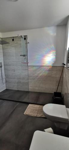a bathroom with a toilet and a rainbow on the wall at Rheinufer in Xanten