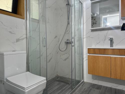 a bathroom with a shower with a toilet and a sink at Caesar Blue Collection Nothern Cyprus whith Bedroom Residences in Ayios Dhometios