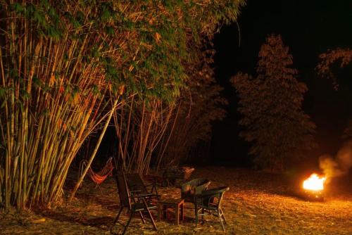 a table and chairs next to a fire at night at Bamboo Grove by Tiny Away in Bauple