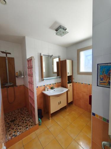 a bathroom with a sink and a shower at Maison Montellier - piscine in Charly