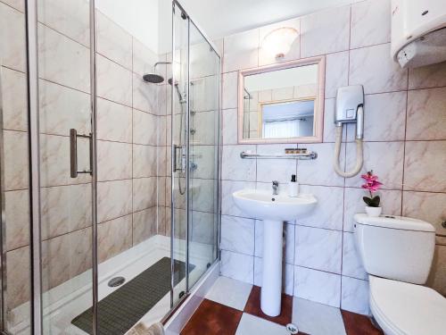 a bathroom with a shower and a toilet and a sink at Hotel Komfort Inn - Dwór Hubertus in Piekary Śląskie