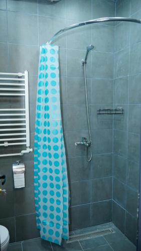 a shower with a blue shower curtain in a bathroom at Chechakar Boutique Hotel in Ditavan