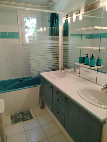 a bathroom with a sink and a mirror at Villa Luberon Piscine Pétanques in Cavaillon