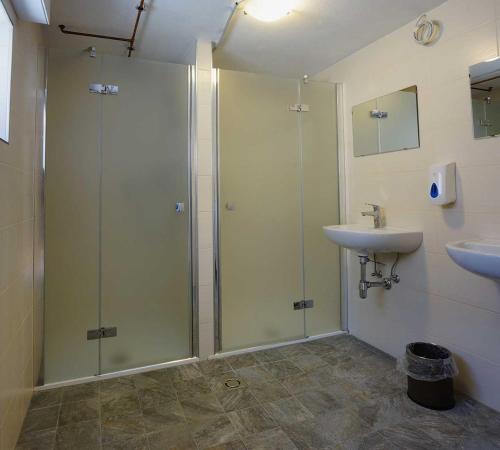 a bathroom with a shower and a sink at Galtalm in Fulpmes