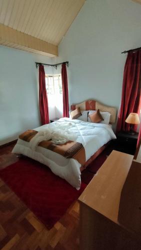 a bedroom with a large bed with red curtains at rossylyn lonetree two bed bedroom in Nairobi