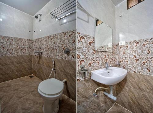two pictures of a bathroom with a toilet and a sink at Calangute house inn in Calangute