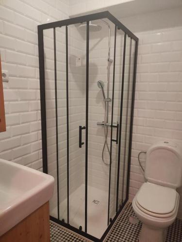 a shower in a bathroom with a toilet and a sink at Casa da Olívia in Castelo Branco