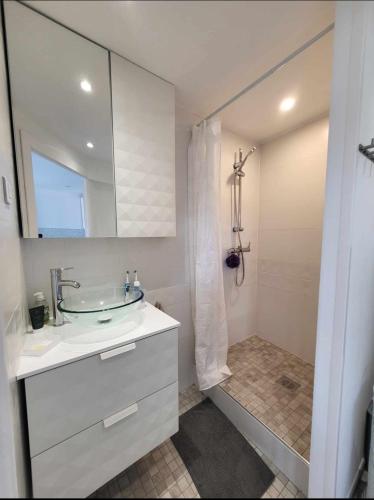 a white bathroom with a sink and a shower at Studio Villa Loostic in Martigues