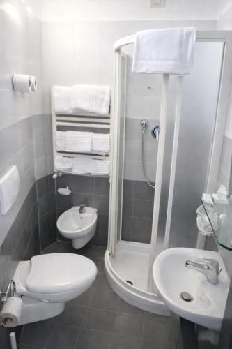a bathroom with a sink and a toilet and a shower at Hotel Remin Plaza in Rimini