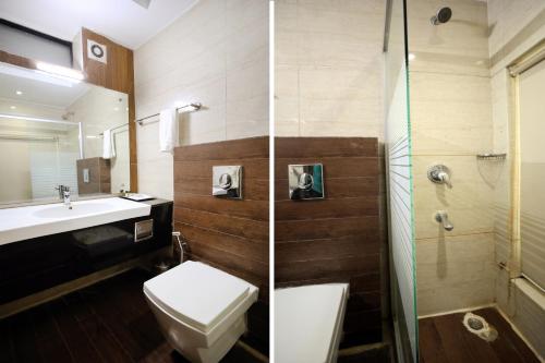 a bathroom with a toilet and a sink and a shower at Rahitya Premier in New Delhi