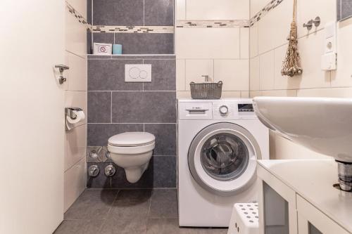 a bathroom with a toilet sink and a washing machine at Mühlenstraße 19 Ferienwohnung 50227 in Carolinensiel