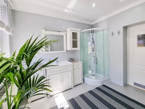 a bathroom with a shower and a sink at visit baltic - Villa Blue Marine in Świnoujście