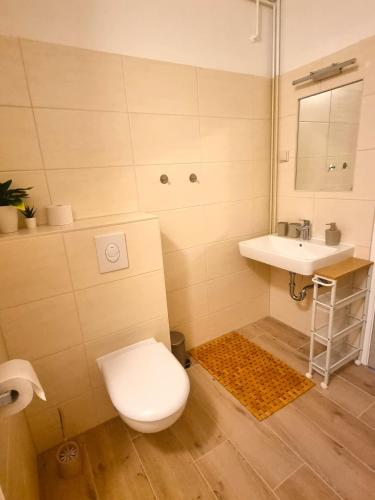 a bathroom with a toilet and a sink at House of Flow in Pritzwalk