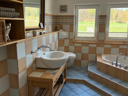 a bathroom with a sink and a tub and a toilet at Landidyll in Uelzen