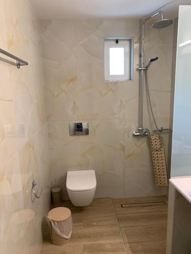 a bathroom with a toilet and a shower at Anemoni Studios in Plakias