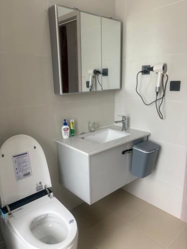 a bathroom with a toilet and a sink and a mirror at D02 - Happy Beach Villas - No2 Căn hộ Z&Z Triple key - NovaWorld Ho tram in Binh Chau