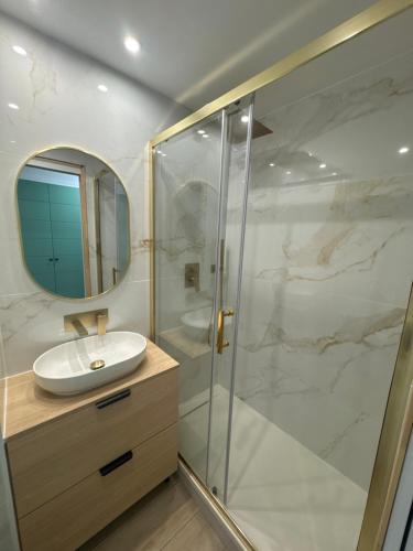 a bathroom with a sink and a glass shower at LE PALM AZUR - vue mer sur les iles de Lérins in Cannes