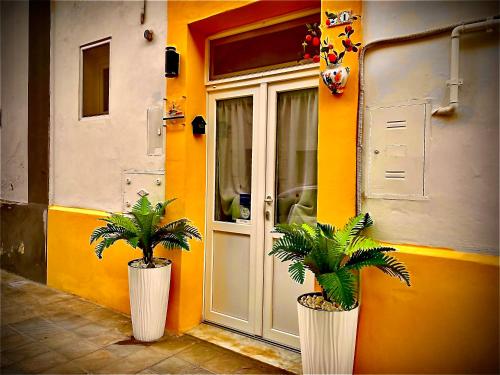 two palm trees in vases sitting outside of a building at La Macchia sui Sassi in Matera