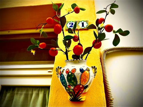 a vase with a plant in it sitting on a table at La Macchia sui Sassi in Matera