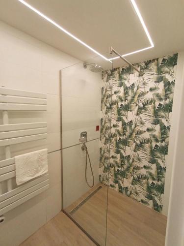 a bathroom with a shower with a glass door at Harbor Hideaway Balatonfüred in Balatonfüred