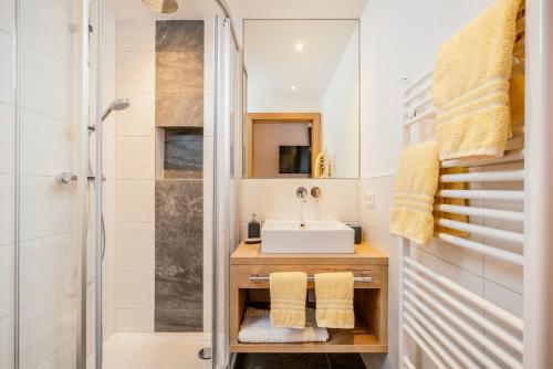 a bathroom with a shower and a sink at Haus Schönblick in Seefeld in Tirol