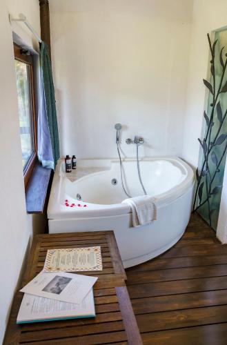 ein Badezimmer mit Badewanne und einem Buch auf dem Boden in der Unterkunft La Fortezza Alta in Avigliano