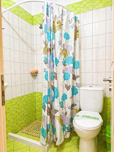 a bathroom with a toilet and a shower curtain at Hotel Domino in Gjirokastër