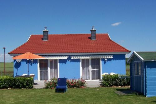 a blue house with a red roof and an umbrella at Ferienhaus B1 Concordiasee in Friedrichsaue
