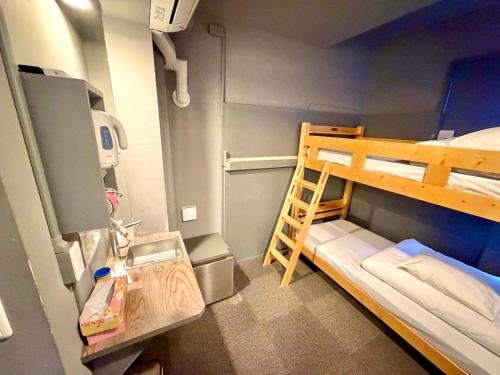 a small room with a bunk bed and a ladder at Rhodes Otsuka Hotel in Tokyo