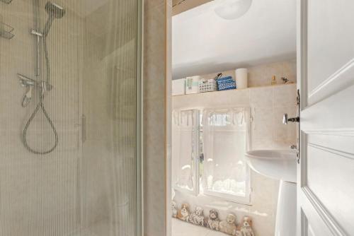 ein Badezimmer mit Dusche und Duschkabine aus Glas in der Unterkunft Bastidon Cotignac in Cotignac