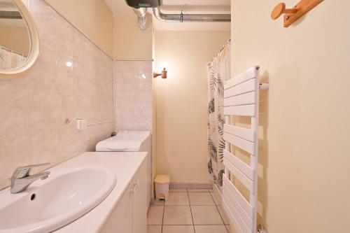 a bathroom with a sink and a toilet and a mirror at Appartement Le Rucher in Alex