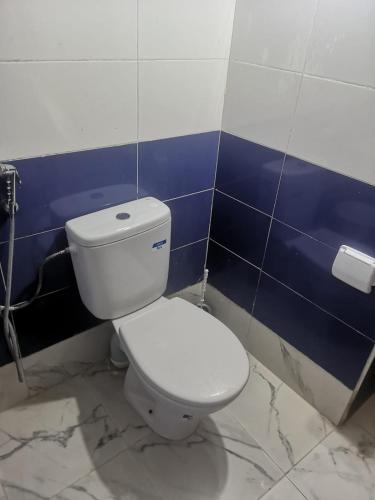 a toilet in a bathroom with blue and white tiles at Zerarda in Saïss